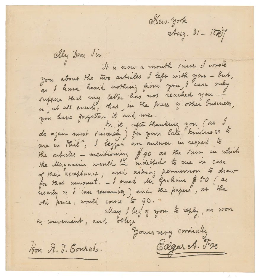 A handwritten letter in 19th-century cursive, dated New-York, Aug. 31, 1847.