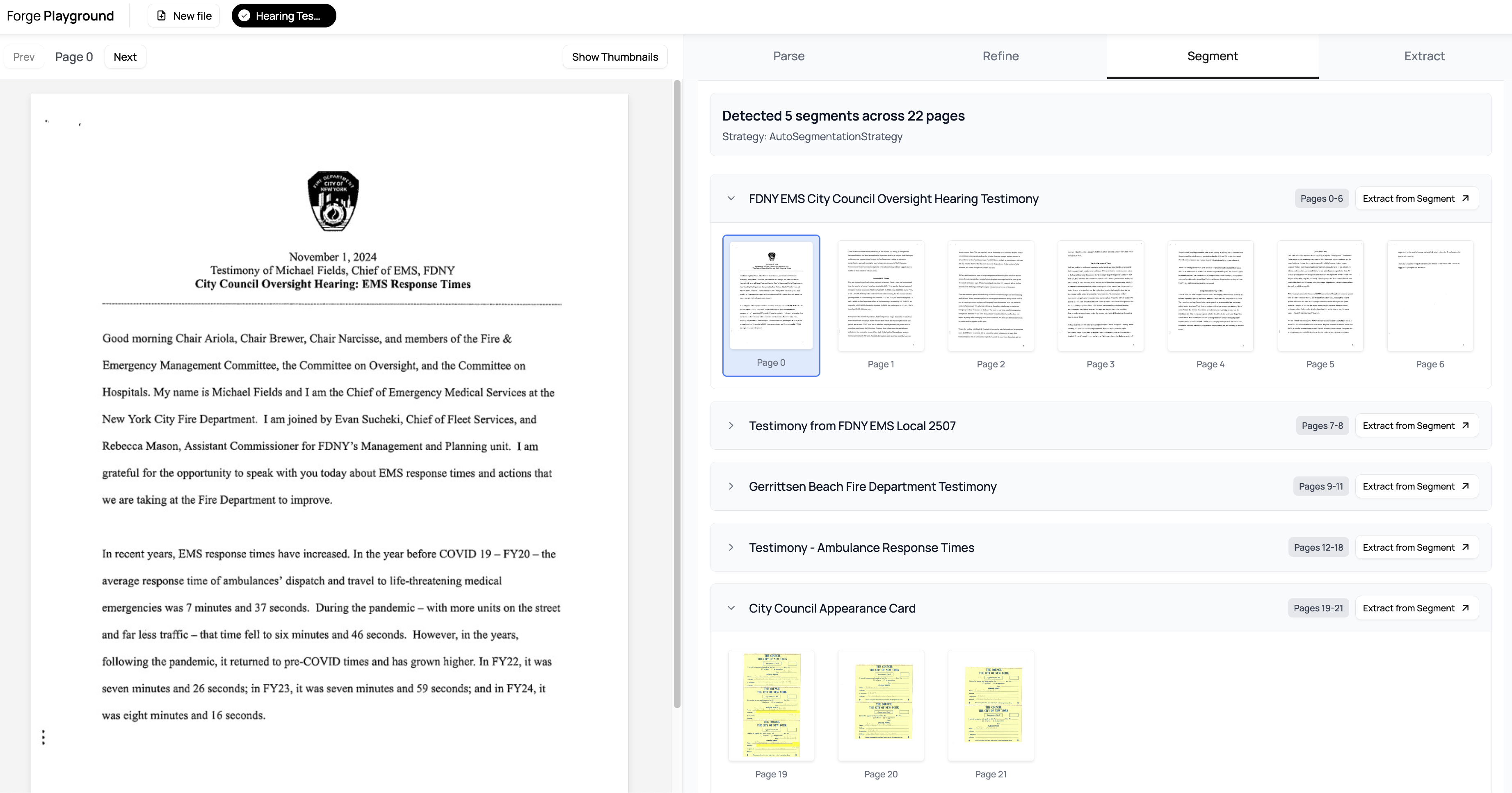 Document segmentation example showing NYC city council meeting materials