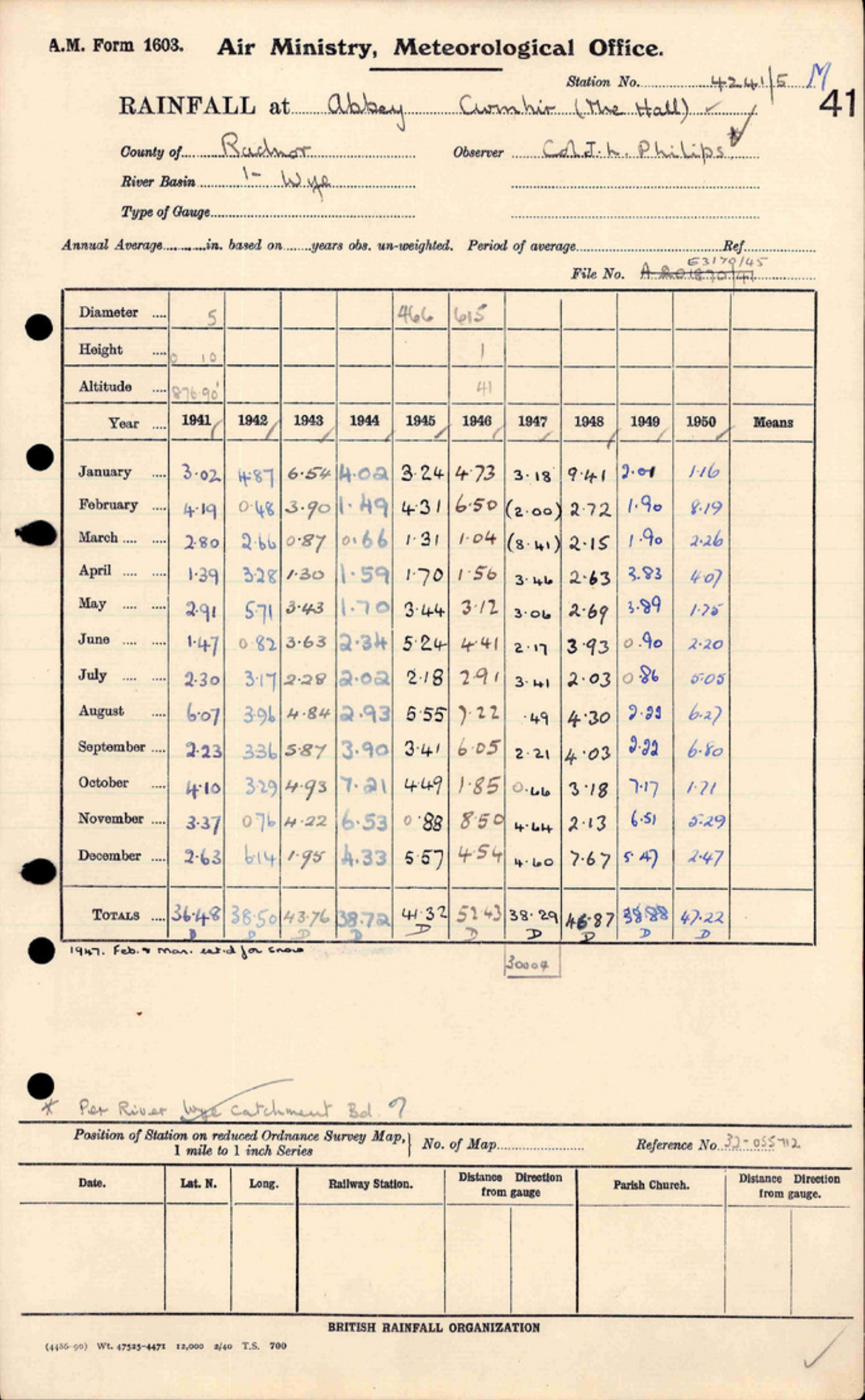 Air Ministry, Meteorological Office form 1603: monthly rainfall at Abbey Cwmhir (The Hall), Radnor, for 1941–1950, handwritten in black and blue ink on a printed grid. National Meteorological Library and Archive, Met Office, UK: source volume, viewer page 137; acknowledgement, OGL v3.0. Reference values: Rainfall Rescue transcription.