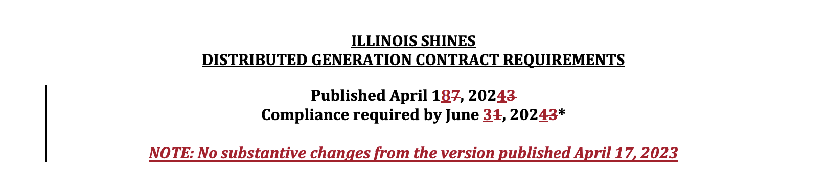 Header of the Illinois Shines redline PDF with date digits struck through and replaced, and an inserted underlined note