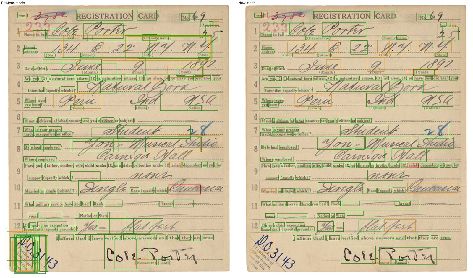 Side-by-side view of Cole Porter's World War I draft registration card, a printed card filled in by hand. On the left, the previous model draws large boxes that cover several handwritten entries at once, and a stack of boxes over the stamp in the corner. On the right, the new model draws one box around each handwritten entry and each printed label.