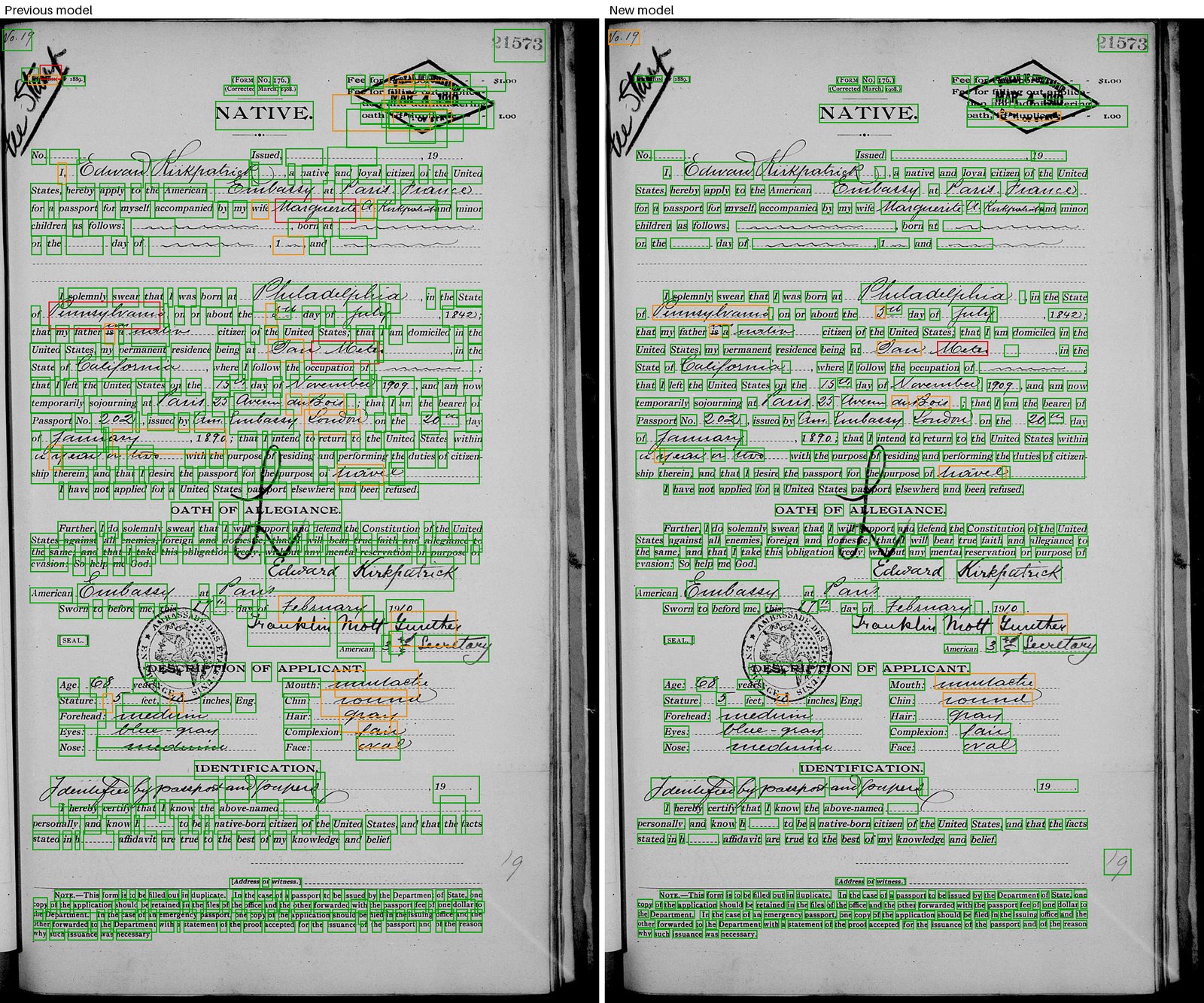 Side-by-side view of a 1910 U.S. passport application, a printed form filled in by hand, with an embassy stamp and seal. On the left, the previous model's boxes pile up around the stamp and over the handwritten entries. On the right, the new model draws one box around each printed and handwritten word, mostly green, with a few handwritten words in orange or red.