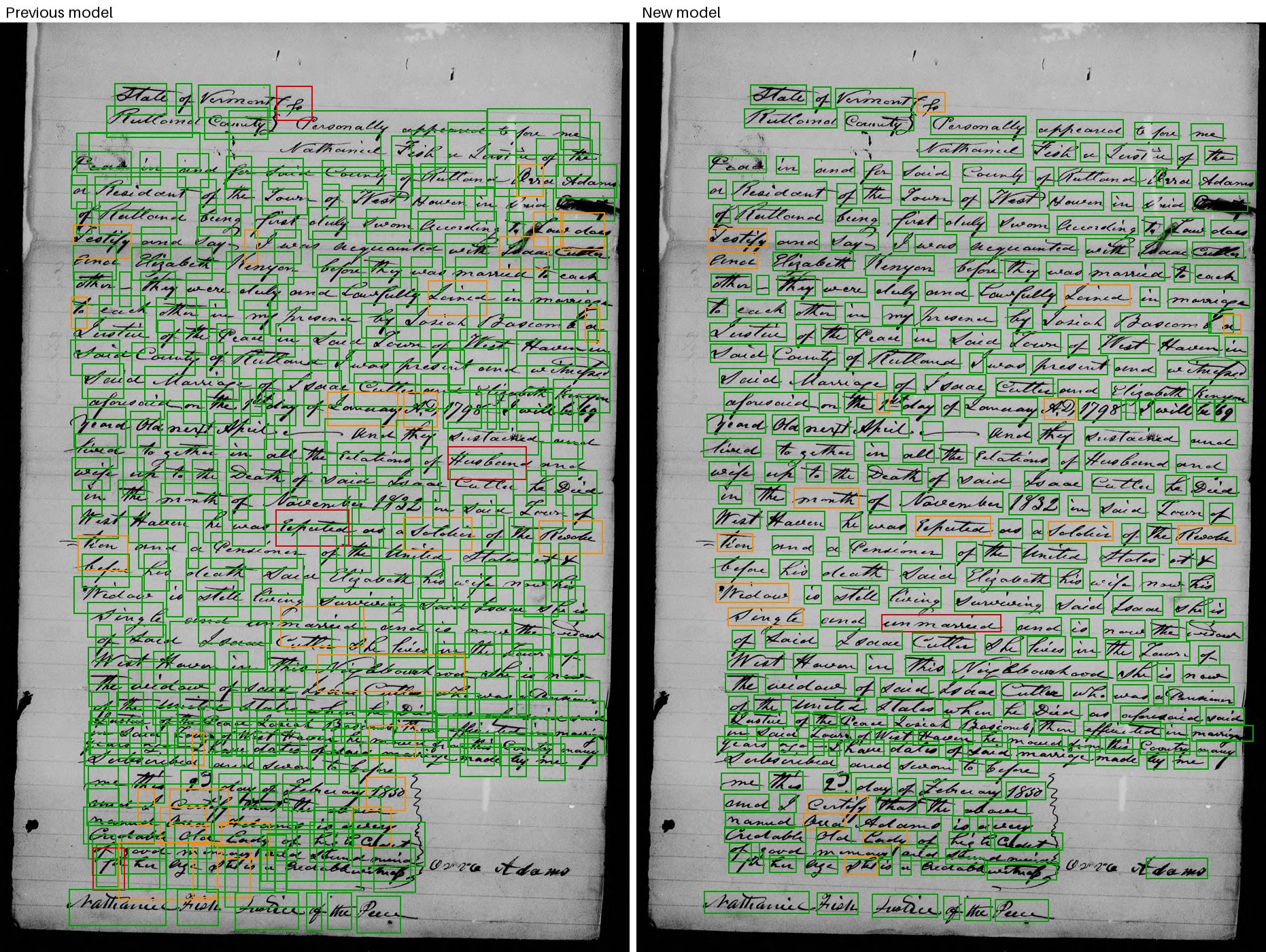 Side-by-side view of a handwritten 19th-century marriage affidavit. On the left, overlapping word boxes cover the page. On the right, each word has its own box, with a few overlaps in the last lines above the signature. A few words are marked orange or red.