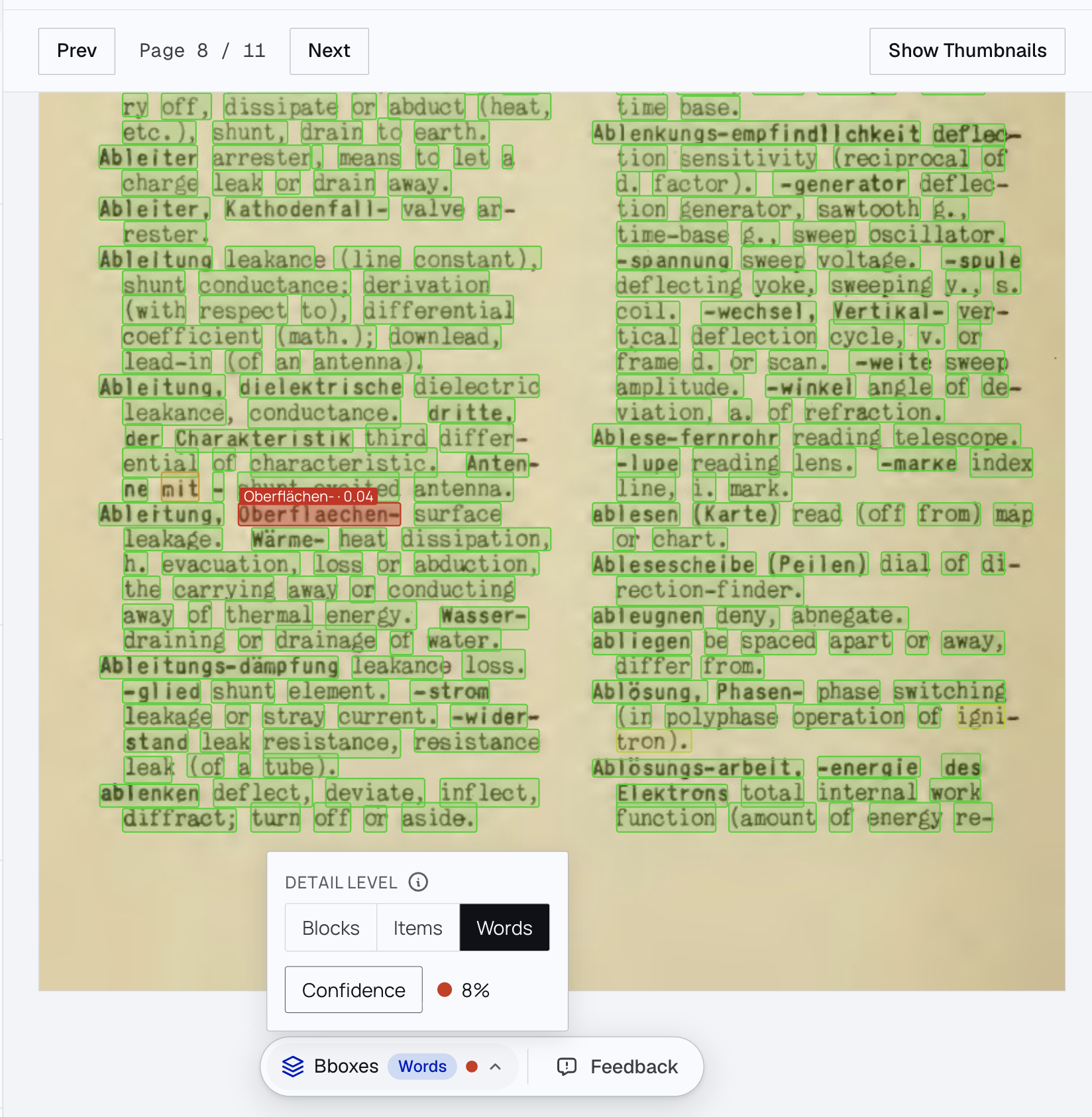 Word boxes on a scanned document in the Datalab playground. Every word is boxed in green; one low-confidence word is boxed in red.