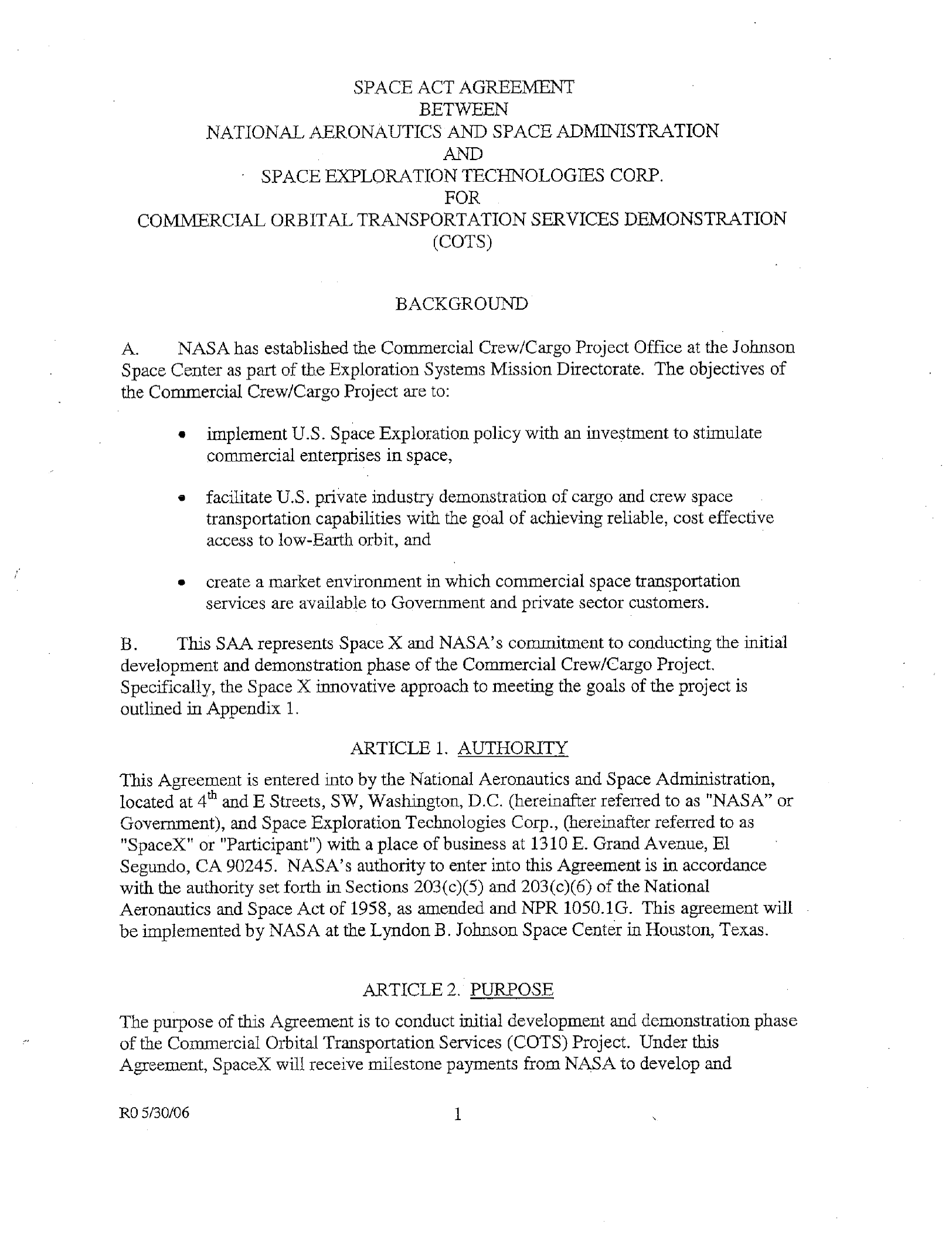 NASA–SpaceX · Space Act Agreement — page 1