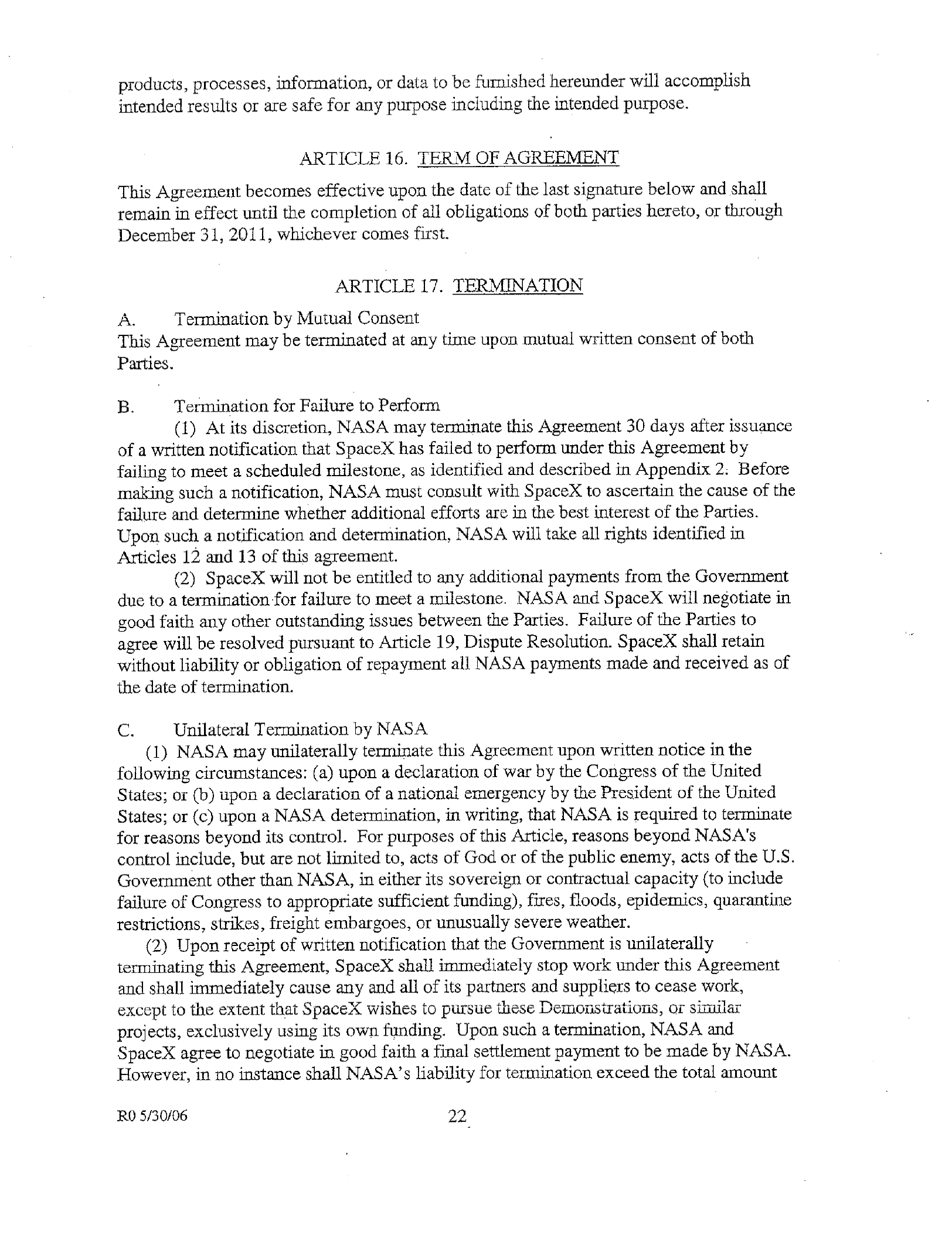 NASA–SpaceX · Space Act Agreement — page 22