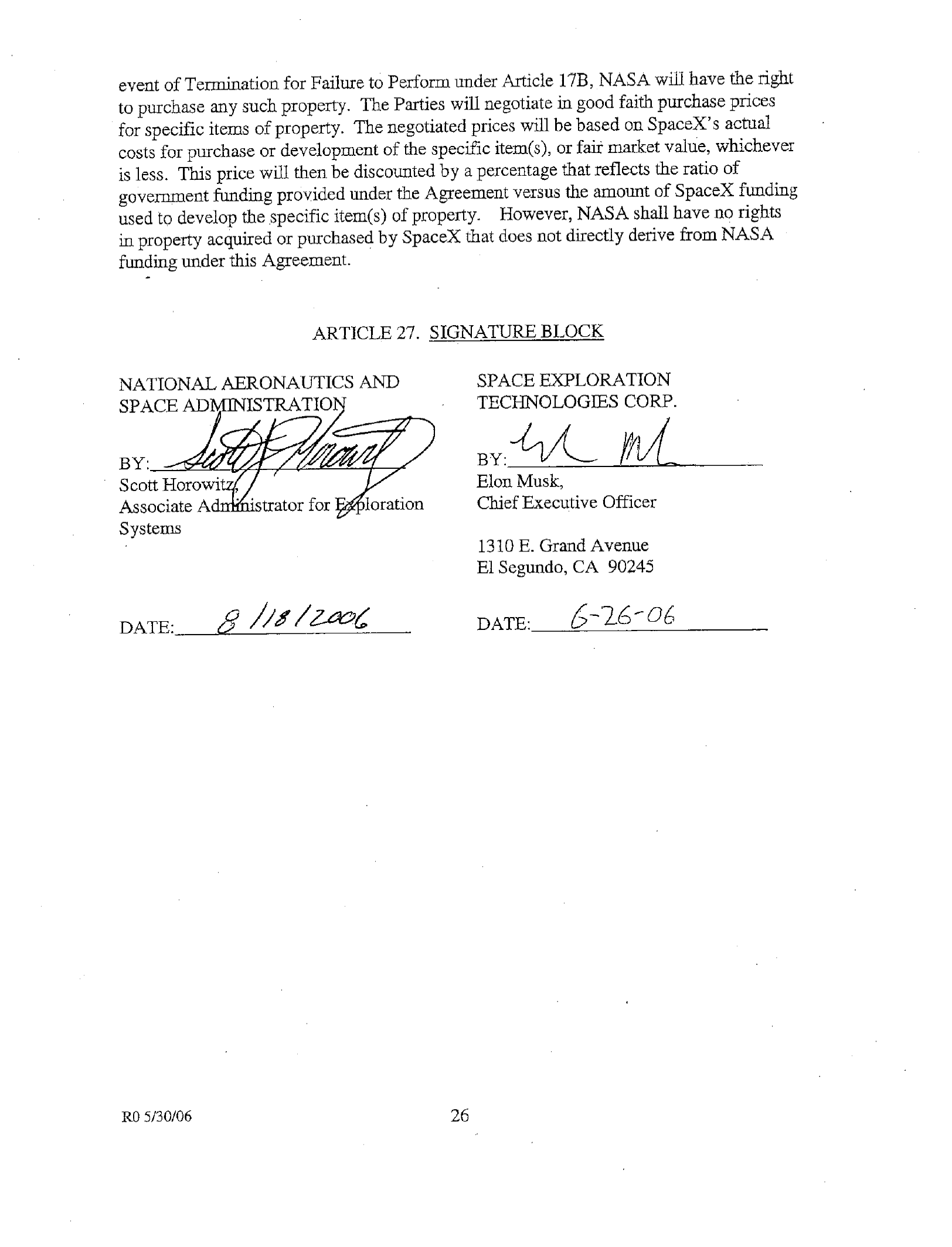 NASA–SpaceX · Space Act Agreement — page 26